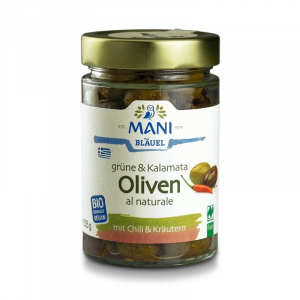 MANI Grüne & Kalamata Oliven al naturale mit Chili & Kräutern, bio, roh